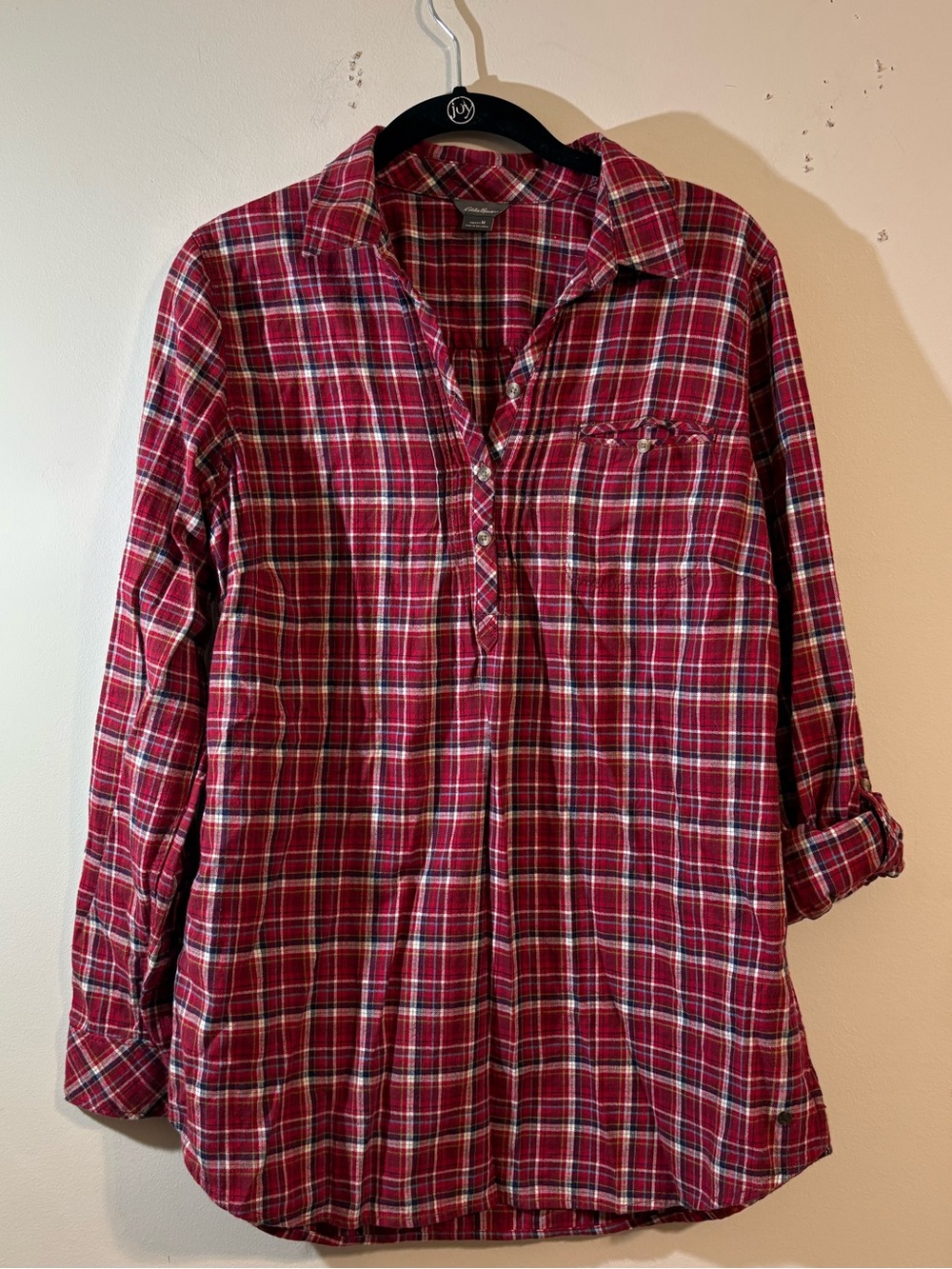 Eddie Bauer button down shirt Red Plaid roll Sleeve Popover Top women’s medium